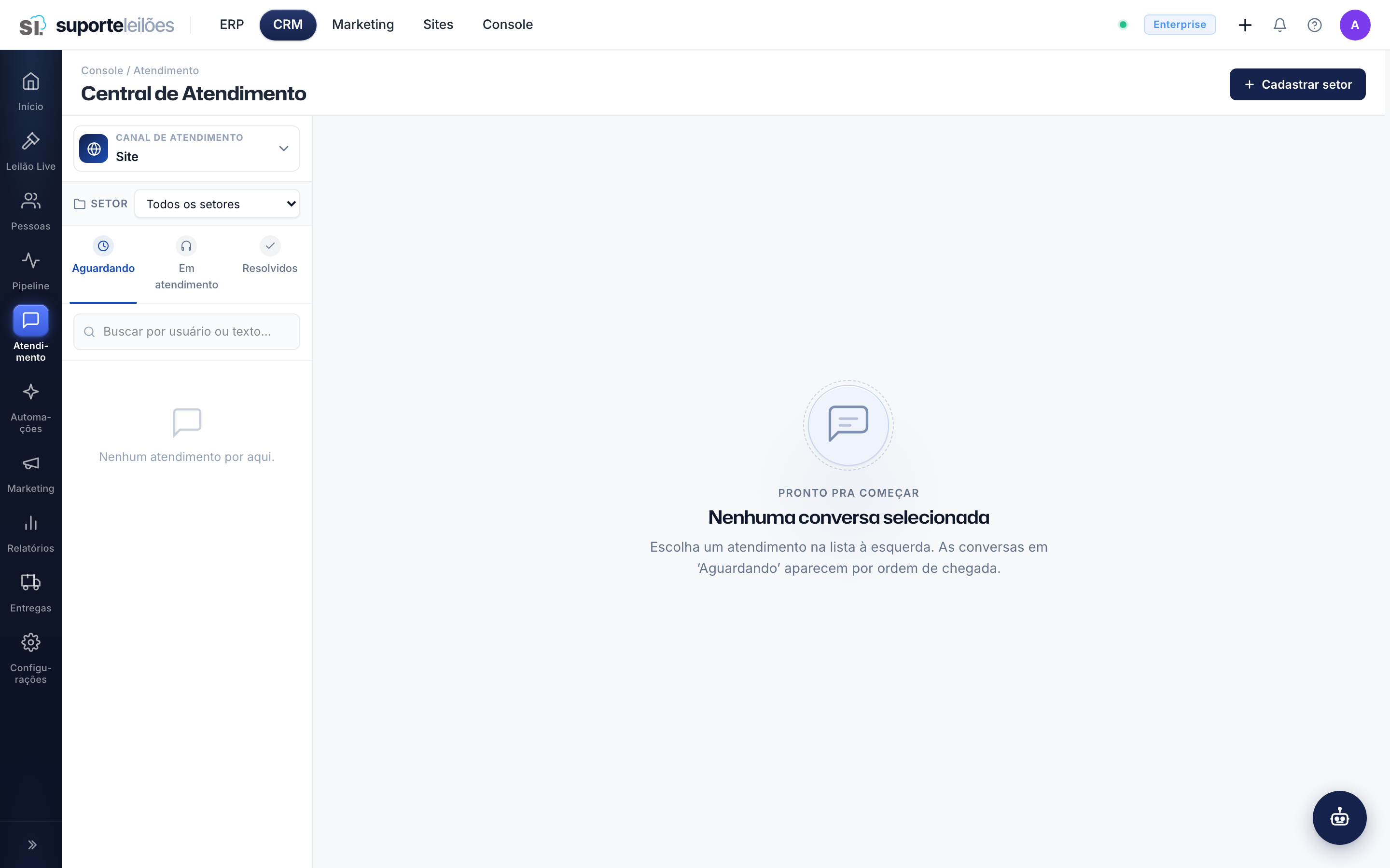 Caixa de entrada — WhatsApp, site, e-mail e redes num console só
