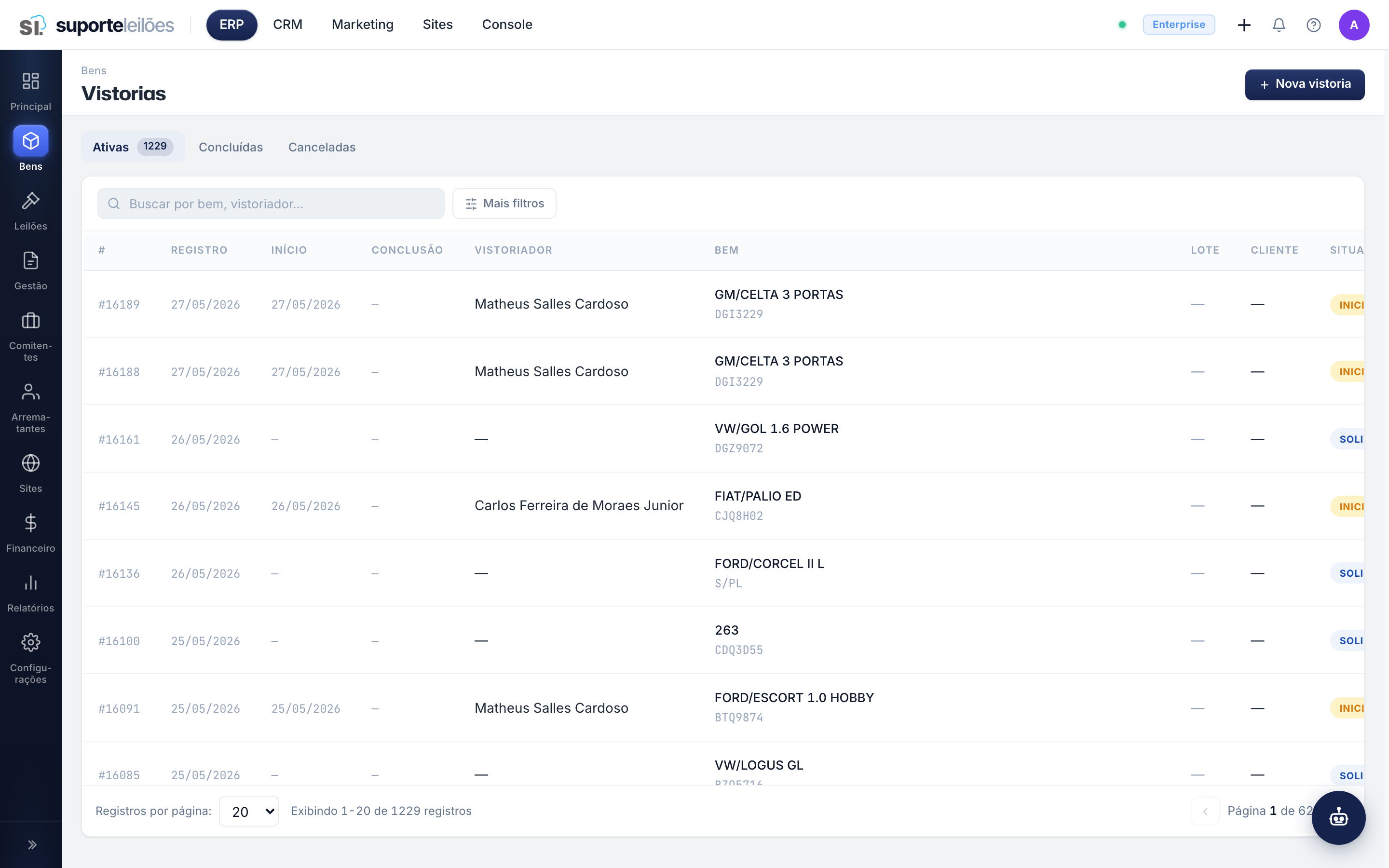 Vistorias — checklist e conferência dos bens no pátio